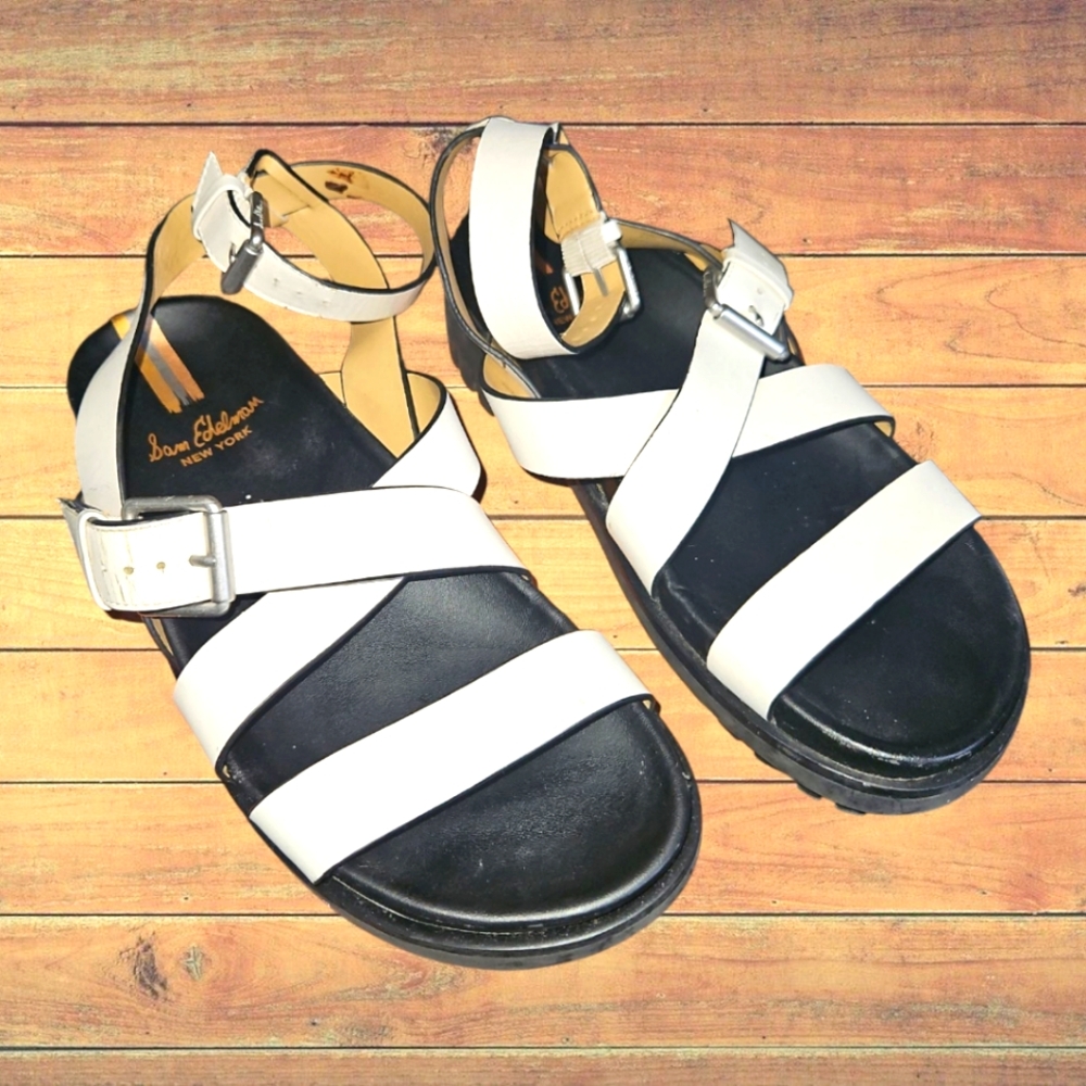 Sam Edelman White Leather Multi Strap Lug Sole Sandals Ankle Buckle Size 8M